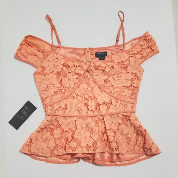 ♡  GUESS Marciano Pink Lace Open Shoulder Short-Sleeve Peplum Top - Size XS, 0 ♡ - Picture 6 of 10